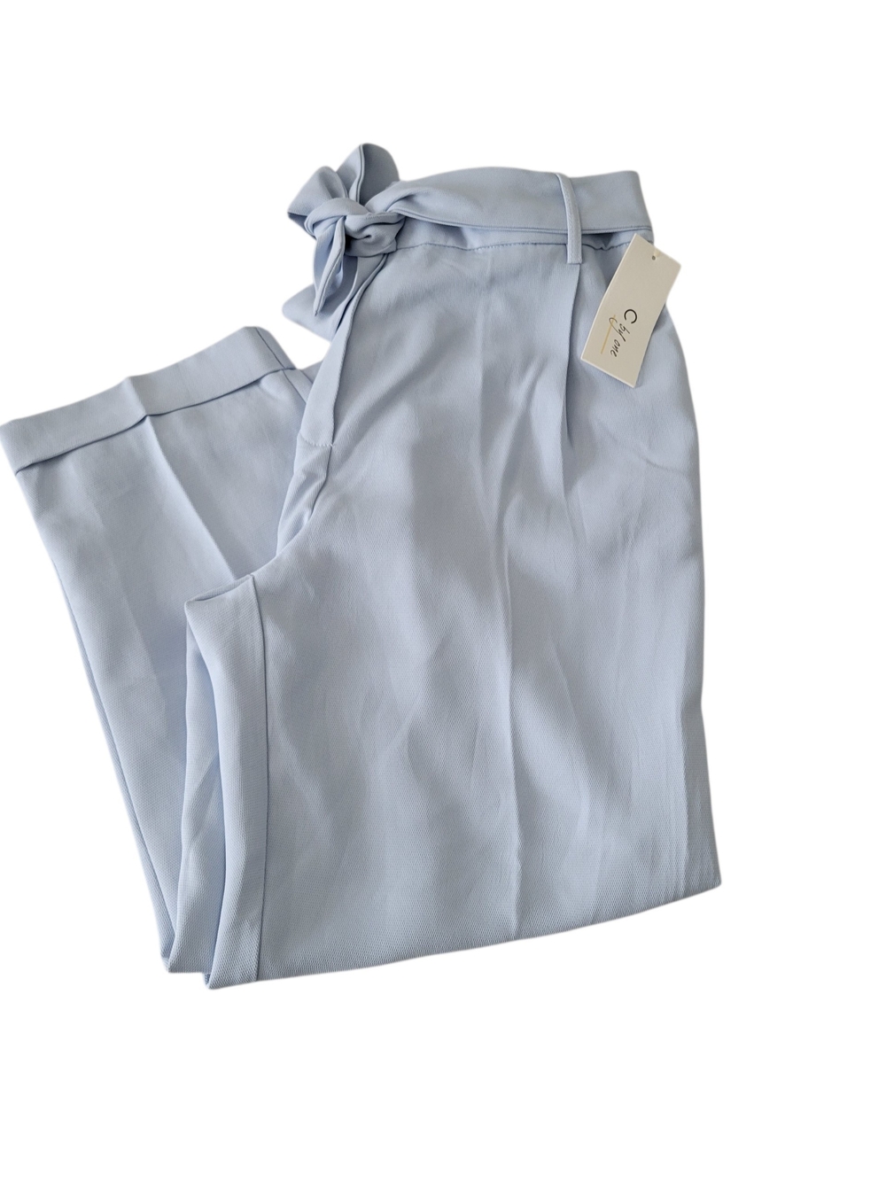 Paperbag Tie-Waist High-Rise Trousers in Pale Blue